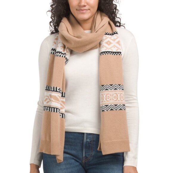 NEW HANNAH ROSE Merino Wool Snowflake Fair Isle Pattern Scarf Camel 563mn - Picture 3 of 4